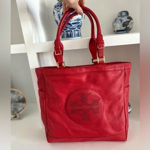 Tory Burch Large Red Bag Purse Tote With Logo